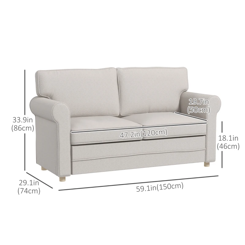 HOMCOM 59" Loveseat Sofa for Bedroom, Modern Love Seats Furniture, Upholstered 2 Seater Couch with Solid Steel Frame and Beech Wood Legs for Living Room, Light Grey