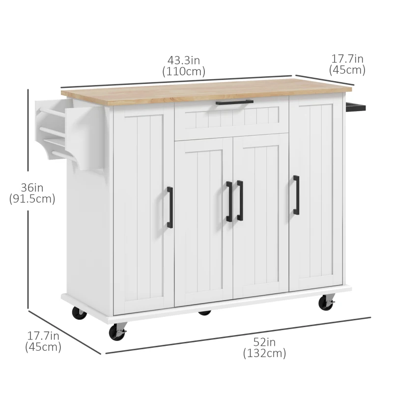 HOMCOM Modern Rolling Kitchen Island Cart with Drawers, Natural Wood Top, Towel Rack, Door Storage Cabinet, White