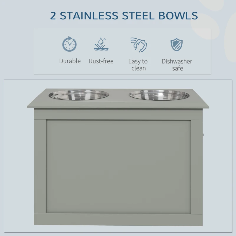 PawHut Elevated Dog Bowls for Large Dogs with Storage 2 Stainless Steel Dog Bowls， Elevated Base for Large Dogs, Grey