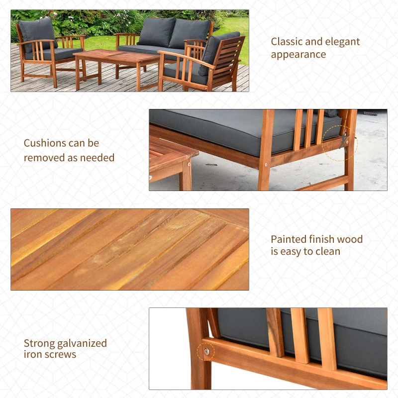 Outsunny 4pcs Acacia Wood Chat Sofa Set Outdoor 4-Seater Table Set Garden Sectional Set Backyard Reclining Seat Set Patio Furniture w/ Dark Grey Cushions