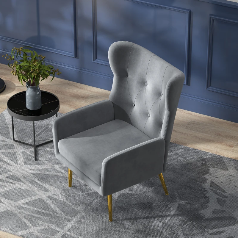 HOMCOM Fabric Wingback Armchair, Modern Accent Chair with Gold Metal Legs for Living Room, Bedroom, Home Office, Grey