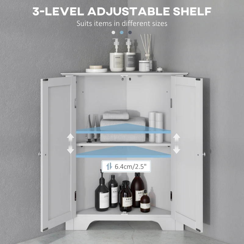 kleankin Freestanding Bathroom Cabinet, Corner Cabinet with Doors and Shelves, Small Bathroom Storage Cabinet, White