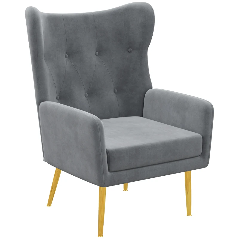 HOMCOM Fabric Wingback Armchair, Modern Accent Chair with Gold Metal Legs for Living Room, Bedroom, Home Office, Grey