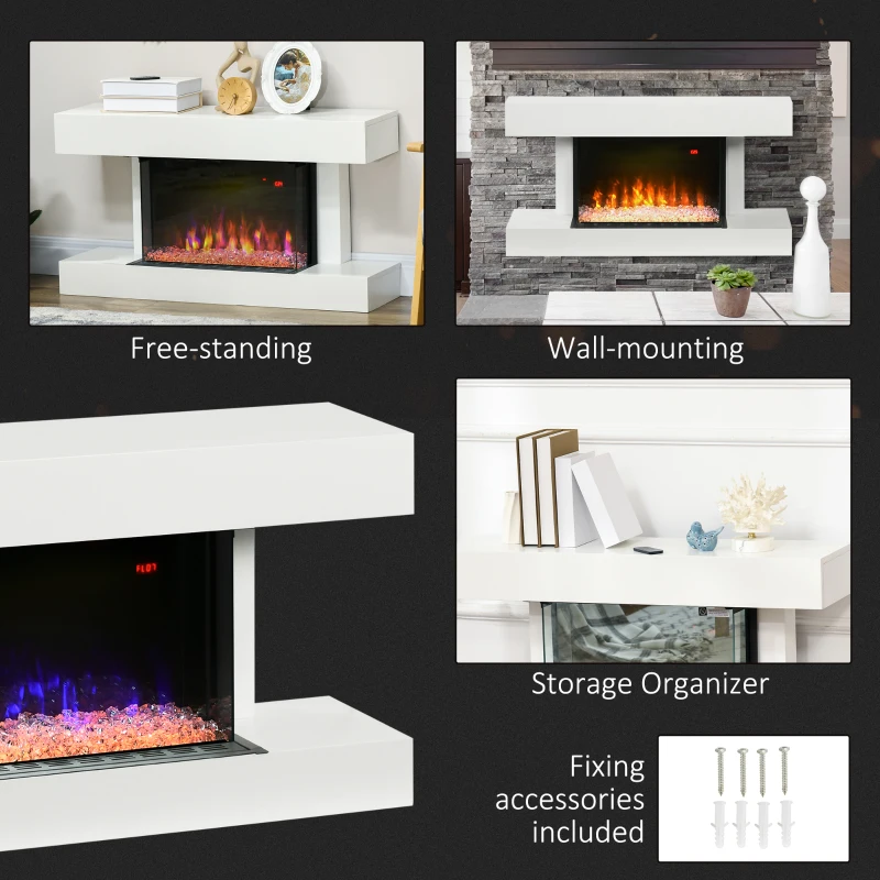 HOMCOM 21.5" Electric Fireplace with Mantel, 1500W Wall Mounting and Freestanding Fireplace Heater with Remote Control, Overheat Protection, 12H and Weekly Timer, Eco Mode, White