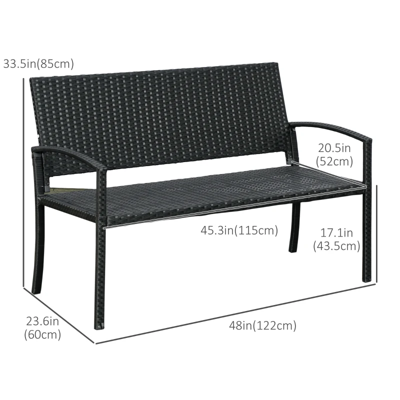 Outsunny Rattan Wicker Loveseat Garden Bench Hand Woven Portable Backyard Black