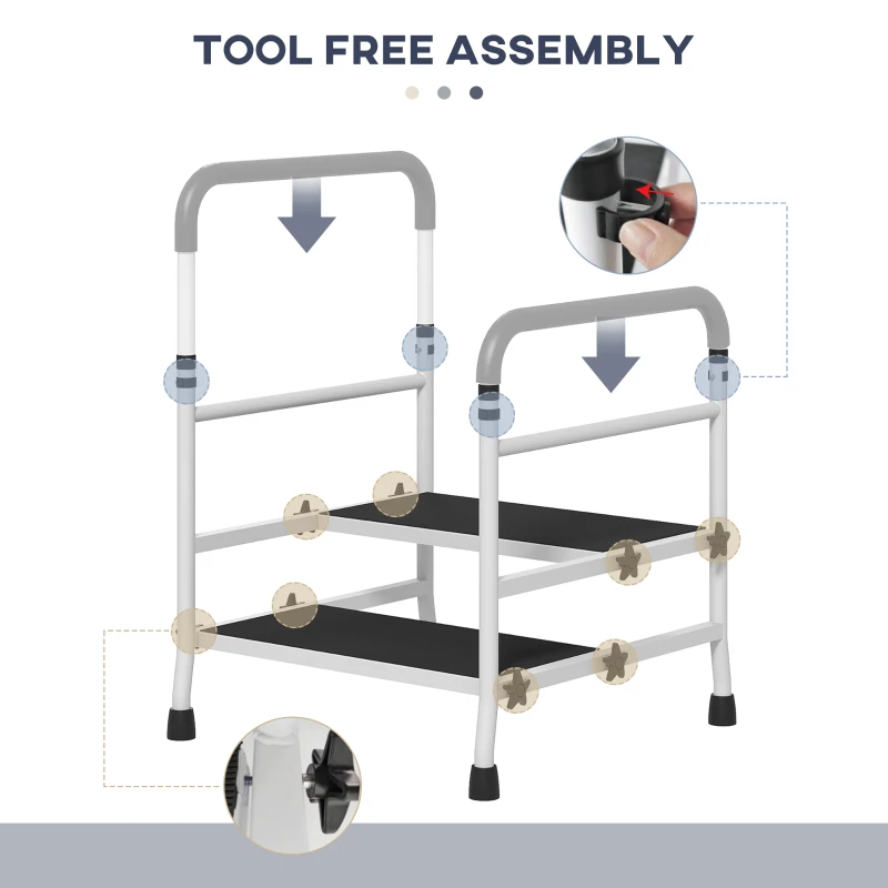 HOMCOM Bedside Step Stool with Handles for Adults, Seniors, 2 Step Stool for High Beds with Adjustable Height, Non-Slip Platform, Storage Pouch, Holds up to 300 Pounds