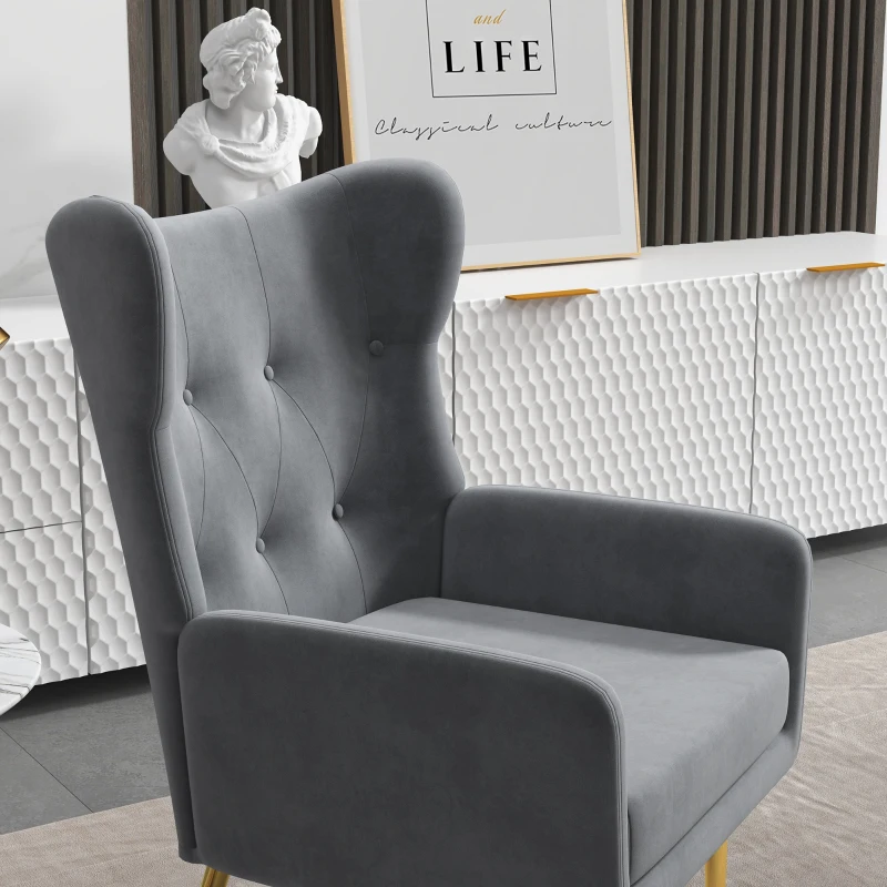 HOMCOM Fabric Wingback Armchair, Modern Accent Chair with Gold Metal Legs for Living Room, Bedroom, Home Office, Grey