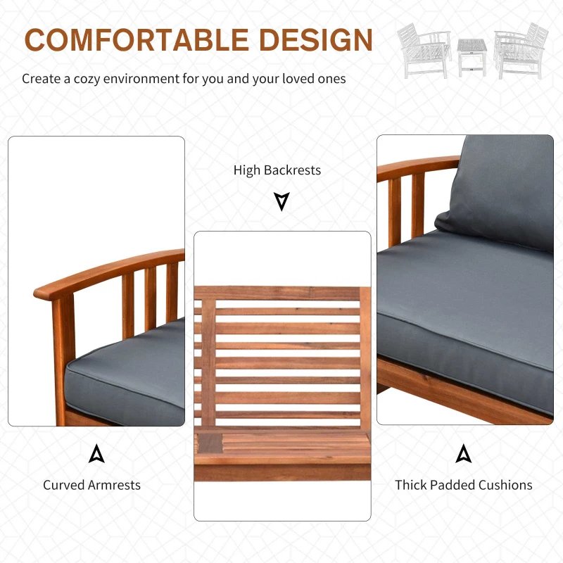 Outsunny 4pcs Acacia Wood Chat Sofa Set Outdoor 4-Seater Table Set Garden Sectional Set Backyard Reclining Seat Set Patio Furniture w/ Dark Grey Cushions