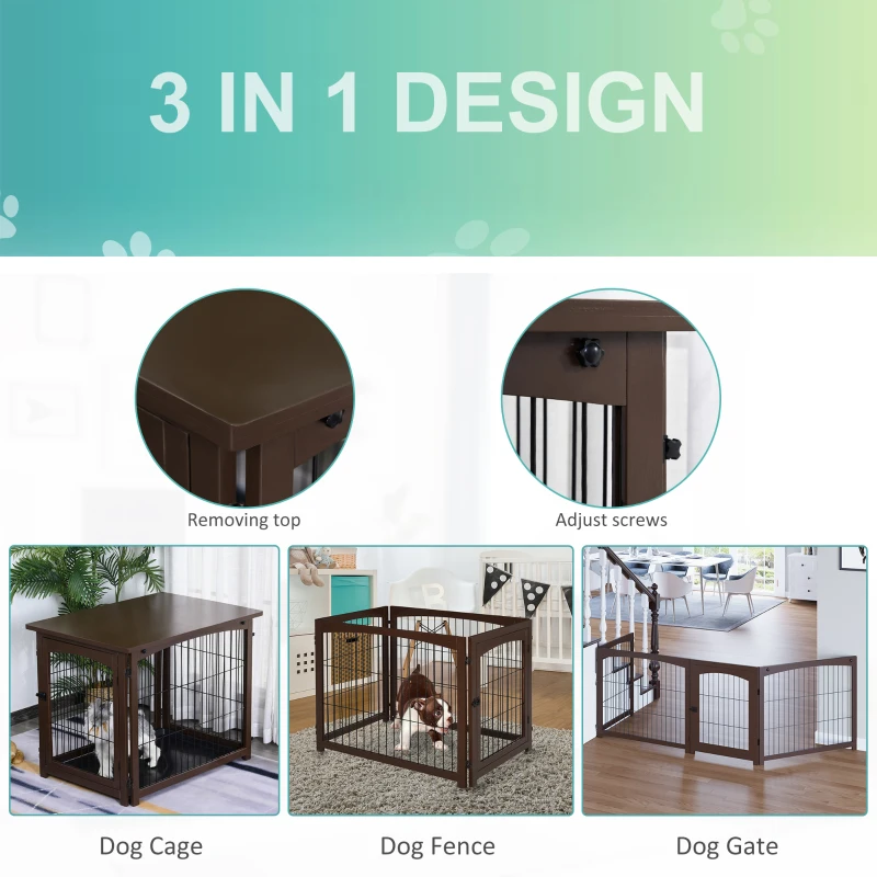 PawHut Wooden Decorative Dog Cage Pet Crate Fence Side Table Small Animal House with Tabletop, Lockable Door, Brown