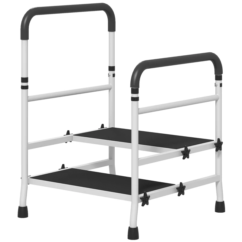 HOMCOM Bedside Step Stool with Handles for Adults, Seniors, 2 Step Stool for High Beds with Adjustable Height, Non-Slip Platform, Storage Pouch, Holds up to 300 Pounds
