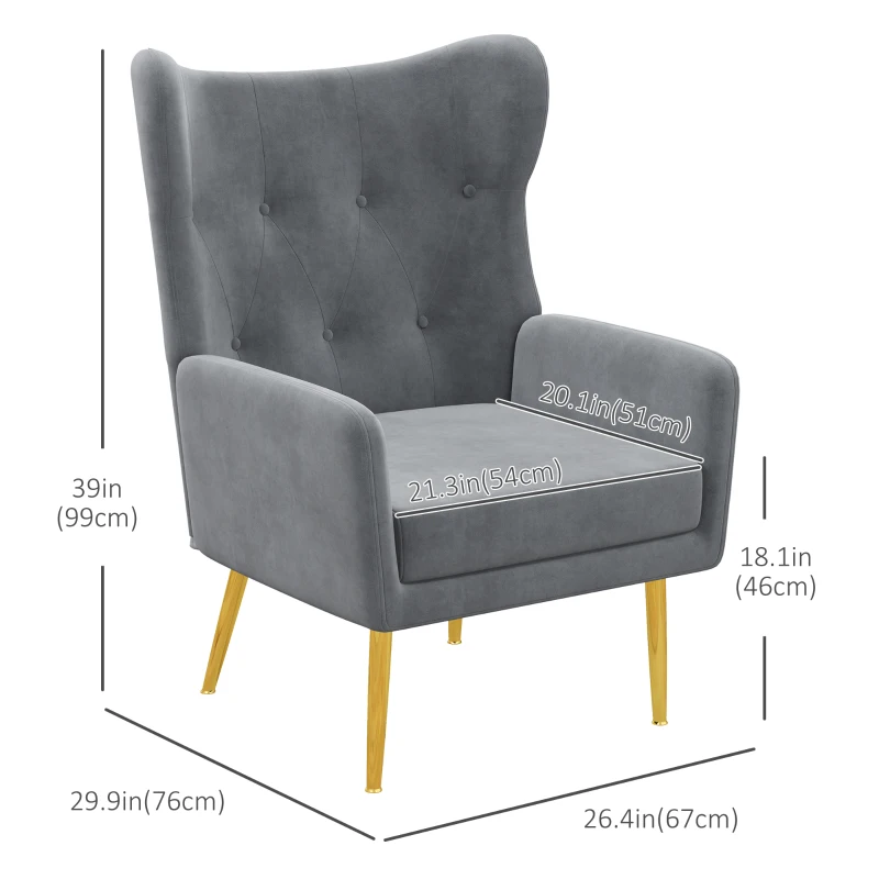 HOMCOM Fabric Wingback Armchair, Modern Accent Chair with Gold Metal Legs for Living Room, Bedroom, Home Office, Grey