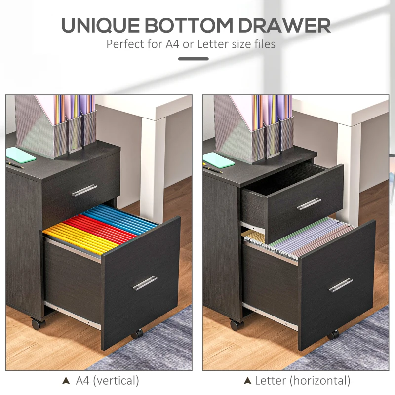 Vinsetto Mobile Filing Cabinet, Vertical File Cabinet with 2 Drawers, Wheels, for Letter or A4 File, Black