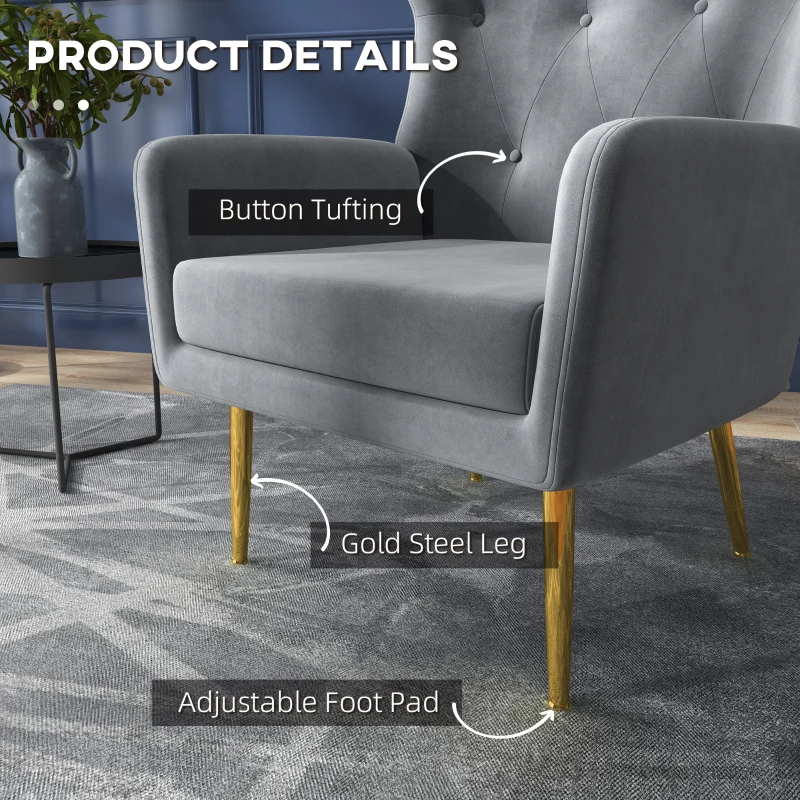 HOMCOM Fabric Wingback Armchair, Modern Accent Chair with Gold Metal Legs for Living Room, Bedroom, Home Office, Grey