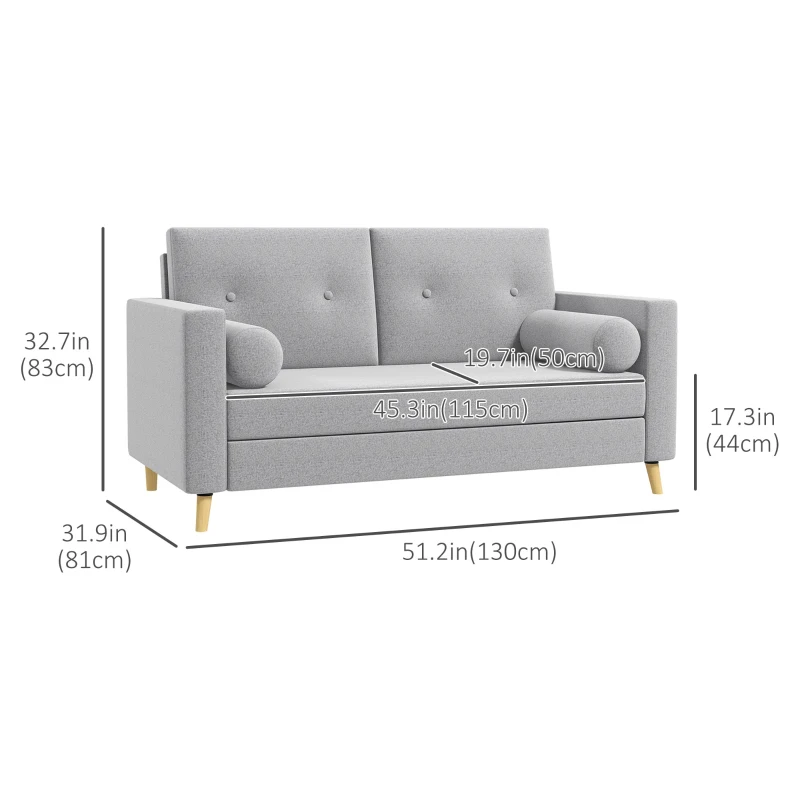 HOMCOM 51" Loveseat for Bedroom, Modern Love Seats Furniture, Upholstered 2 Seater Sofa with Wood Legs and 2 Pillows, Grey