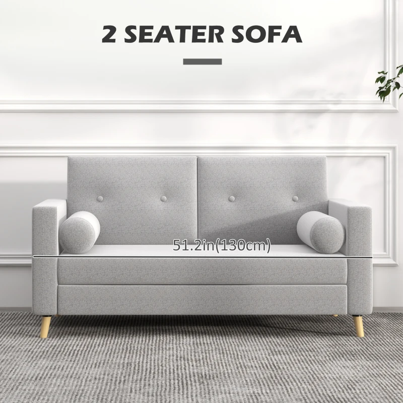 HOMCOM 51" Loveseat for Bedroom, Modern Love Seats Furniture, Upholstered 2 Seater Sofa with Wood Legs and 2 Pillows, Grey