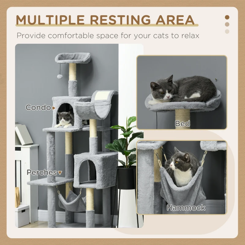 PawHut Tall Cat Tree for Indoor Cats, 70" Multi-Level Cat Tower with Hammock, Cat Bed, Cat Condo with Sisal Scratching Posts, Bluish Grey