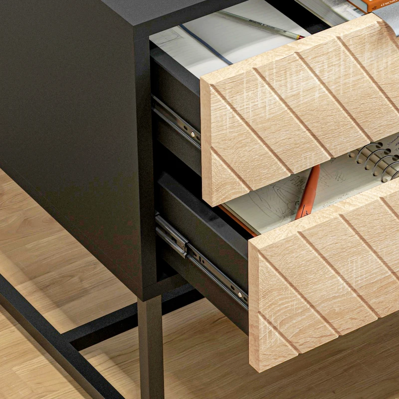 HOMCOM Modern Bedside Table with 2 Drawers and Steel Frame, Sofa Side Table for Bedroom Living Room, Black and Oak