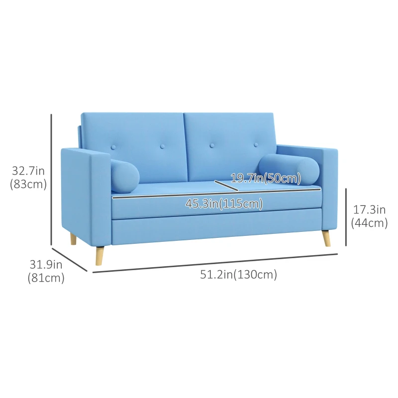 HOMCOM 51" Loveseat for Bedroom, Modern Love Seats Furniture, Upholstered 2 Seater Sofa with Wood Legs, Blue
