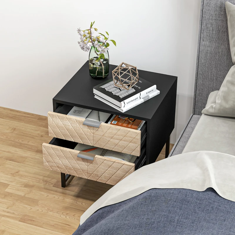 HOMCOM Modern Bedside Table with 2 Drawers and Steel Frame, Sofa Side Table for Bedroom Living Room, Black and Oak