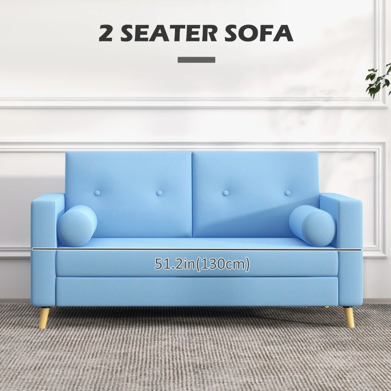 HOMCOM 51" Loveseat for Bedroom, Modern Love Seats Furniture, Upholstered 2 Seater Sofa with Wood Legs, Blue