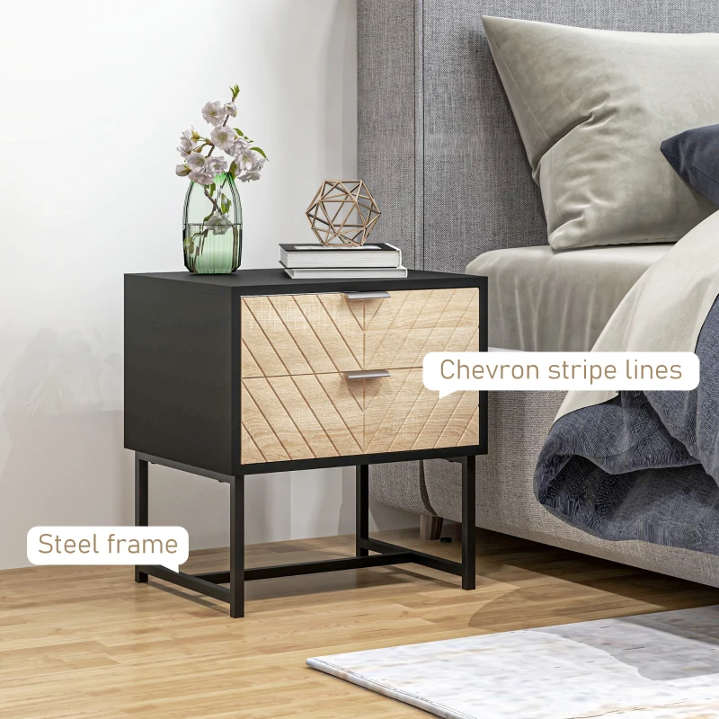 HOMCOM Modern Bedside Table with 2 Drawers and Steel Frame, Sofa Side Table for Bedroom Living Room, Black and Oak
