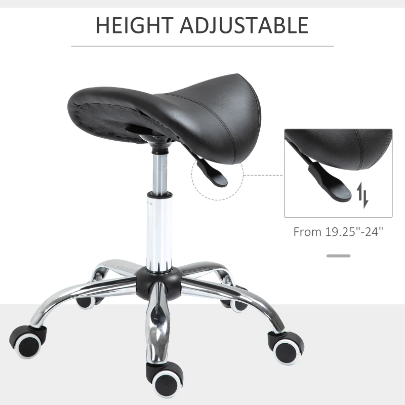 HOMCOM Adjustable Hydraulic Rolling Salon Stool Swivel Saddle Chair Spa Beauty Seat PU Leather,  Black