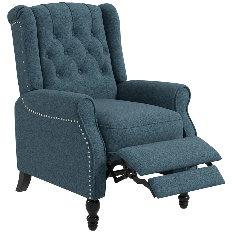 HOMCOM Wingback Reclining Chair with Footrest, Button Tufted Recliner Chair with Rolled Armrests for Living Room, Blue