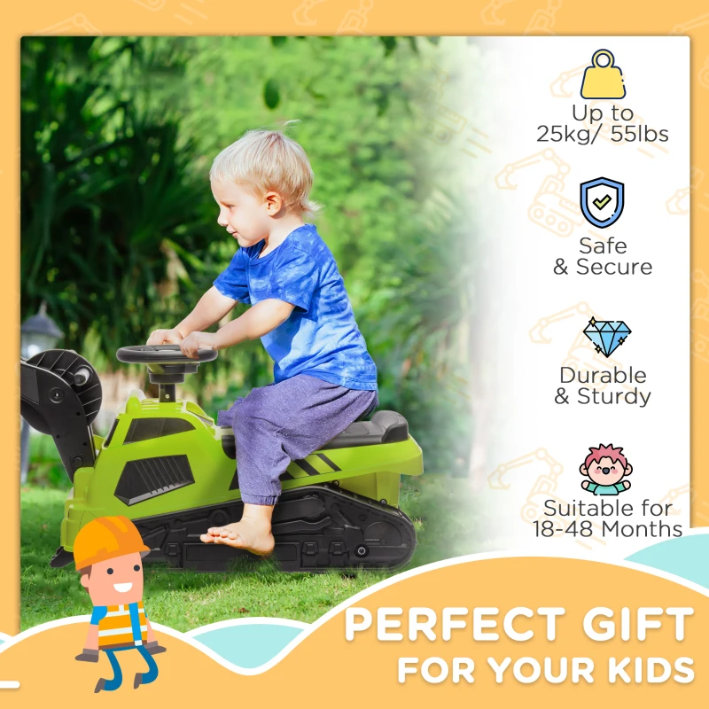 Aosom 3 in 1 Ride on Excavator Bulldozer Road Roller, No Power Pretend Play Construction with Music, for 18-48 Months, Green