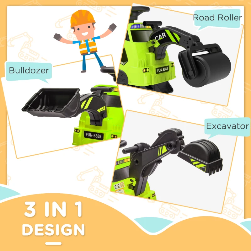 Aosom 3 in 1 Ride on Excavator Bulldozer Road Roller, No Power Pretend Play Construction with Music, for 18-48 Months, Green