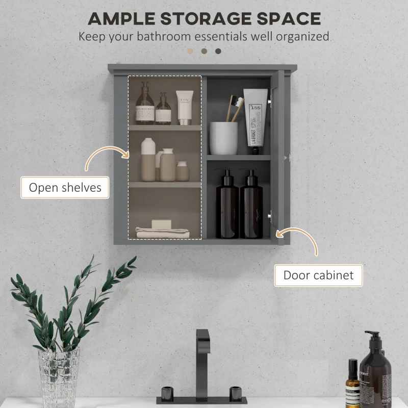 HOMCOM Bathroom Wall Cabinet, Wall Mounted Medicine Cabinet with 3 Open Shelves and Storage Cupboard for Laundry Room, Grey