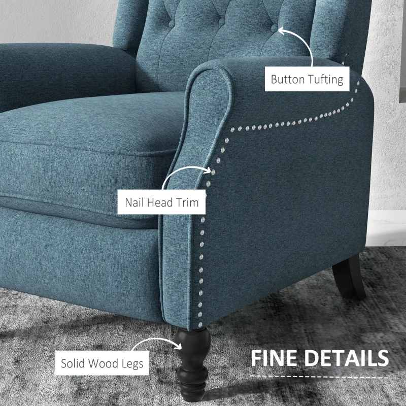HOMCOM Wingback Reclining Chair with Footrest, Button Tufted Recliner Chair with Rolled Armrests for Living Room, Blue