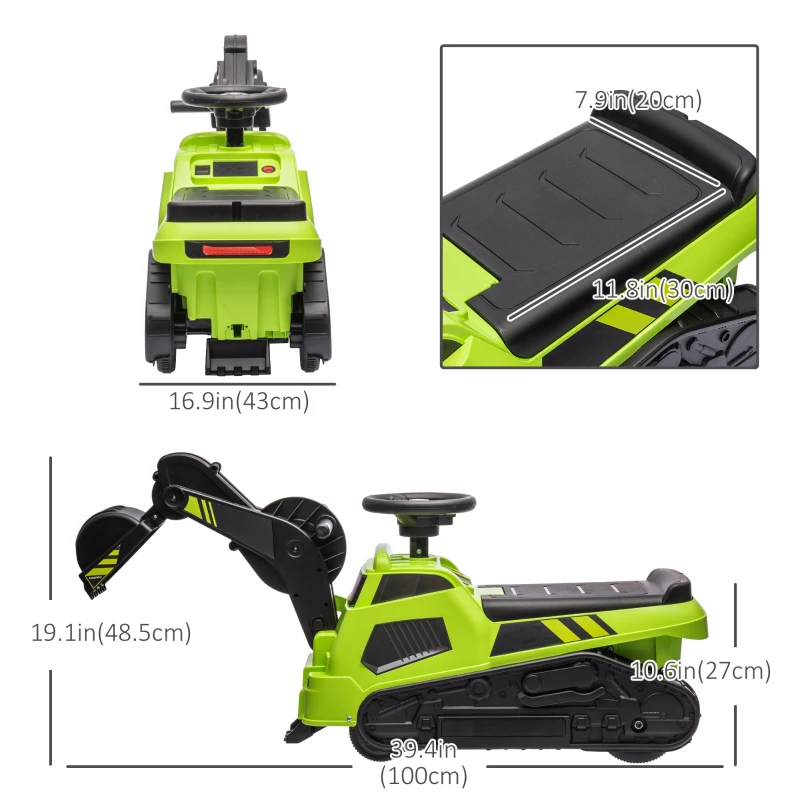 Aosom 3 in 1 Ride on Excavator Bulldozer Road Roller, No Power Pretend Play Construction with Music, for 18-48 Months, Green