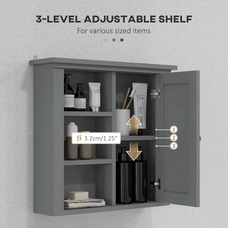 HOMCOM Bathroom Wall Cabinet, Wall Mounted Medicine Cabinet with 3 Open Shelves and Storage Cupboard for Laundry Room, Grey