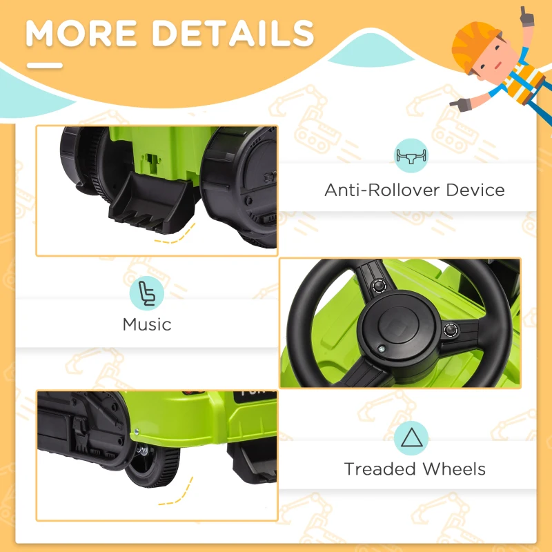 Aosom 3 in 1 Ride on Excavator Bulldozer Road Roller, No Power Pretend Play Construction with Music, for 18-48 Months, Green