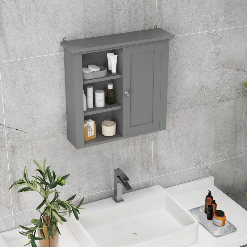 HOMCOM Bathroom Wall Cabinet, Wall Mounted Medicine Cabinet with 3 Open Shelves and Storage Cupboard for Laundry Room, Grey