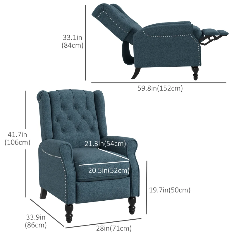 HOMCOM Wingback Reclining Chair with Footrest, Button Tufted Recliner Chair with Rolled Armrests for Living Room, Blue
