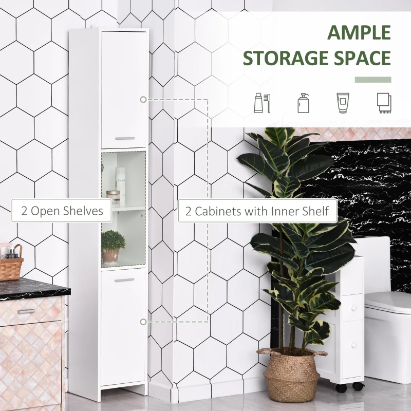 HOMCOM Tall Bathroom Vanities, Narrow Bathroom Cabinets with 2 Doors, Open Compartment and Adjustable Shelves, White