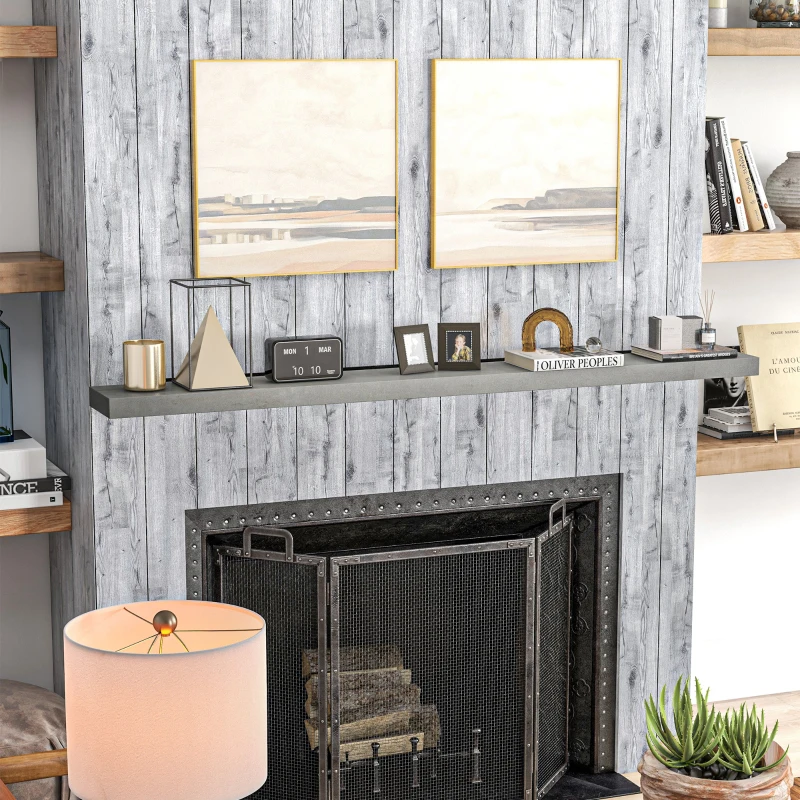 HOMCOM 72" Fireplace Mantel, Fir Wood Floating Shelf, Wall Mounted, Rustic Gray