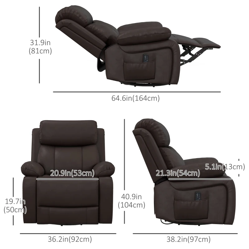 HOMCOM PU Leather Reclining Chair with Vibration Massage Recliner, Swivel Base, Rocking Function, Remote Control, Brown