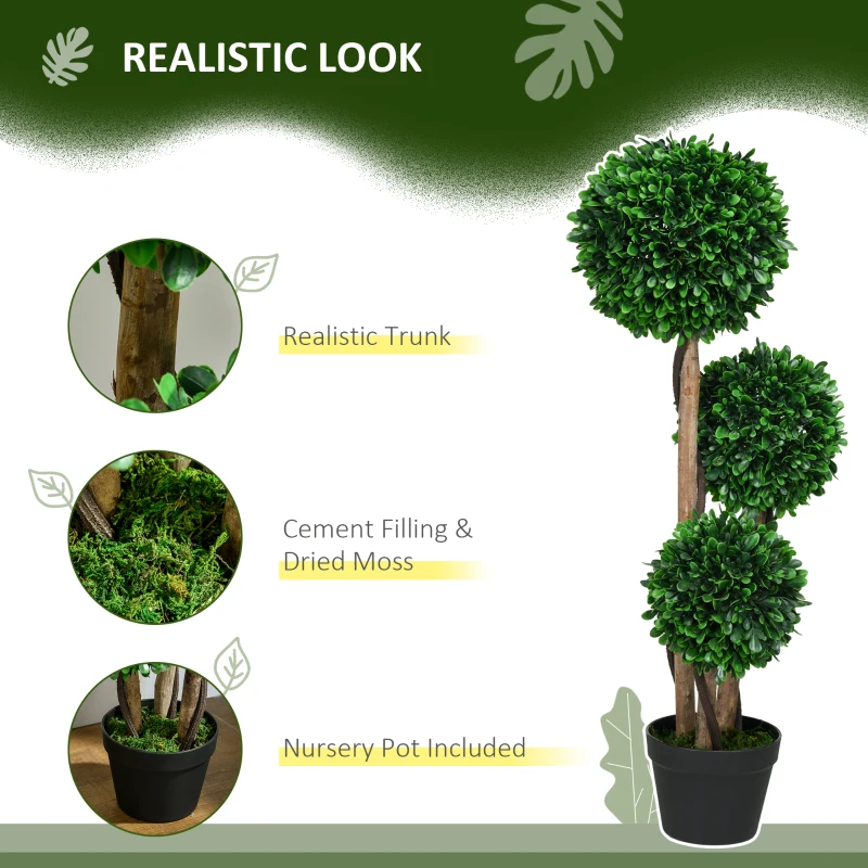 HOMCOM 3ft Artificial Tree, Triple Ball Boxwood Topiary with Pot and Sandalwood Leaves, for Indoor Outdoor Home