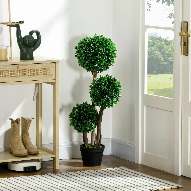 HOMCOM 3ft Artificial Tree, Triple Ball Boxwood Topiary with Pot and Sandalwood Leaves, for Indoor Outdoor Home