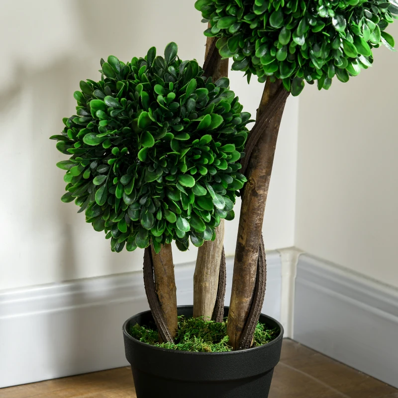 HOMCOM 3ft Artificial Tree, Triple Ball Boxwood Topiary with Pot and Sandalwood Leaves, for Indoor Outdoor Home