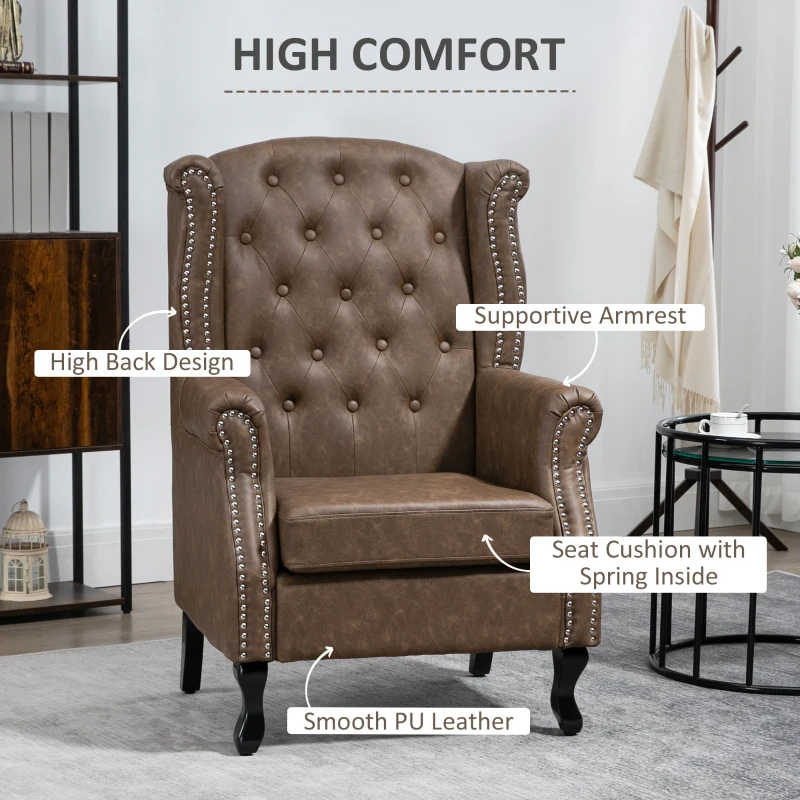 HOMCOM Tufted Lounge Chair, Upholstered Chesterfield-style Armchair with Solid Wood Legs and Nail Head Trim, Brown