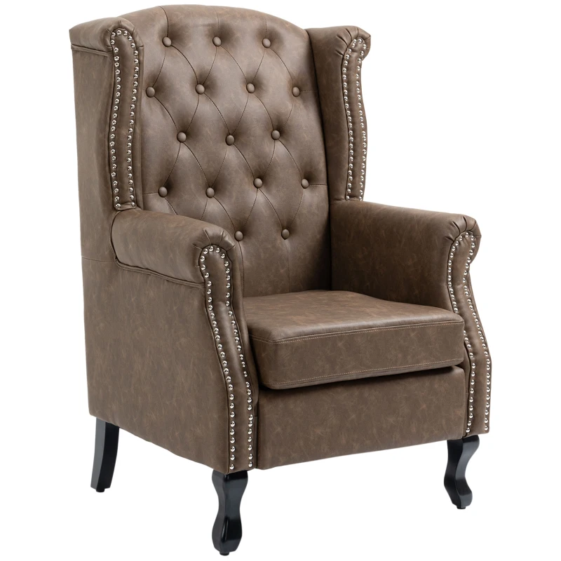 HOMCOM Tufted Lounge Chair, Upholstered Chesterfield-style Armchair with Solid Wood Legs and Nail Head Trim, Brown