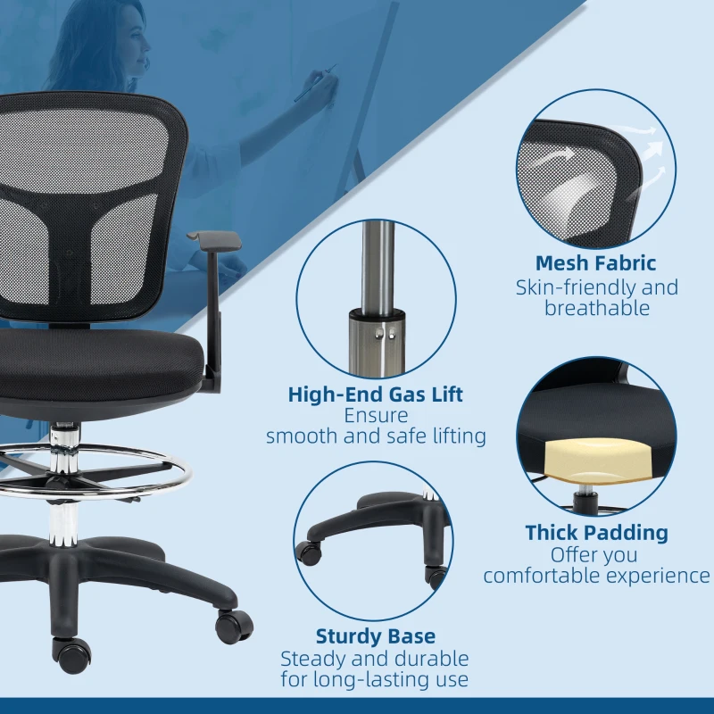 Vinsetto Tall Office Chair, Drafting Chair with Swivel Wheels, Adjustable Height and Footrest Ring, Black