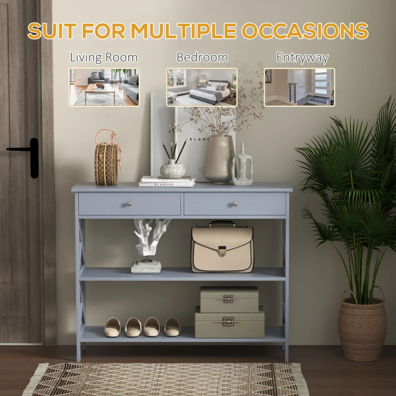 HOMCOM Console Table, Modern Entryway Table with 2 Drawers and 2 Shelves, Sofa Table for Living Room, Hallway, Grey