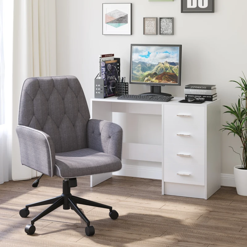 HOMCOM Linen Computer Desk Chair Tufted Height Adjustable Home Office Chair with Swivel Wheels and Padded Armrests Dark Gray