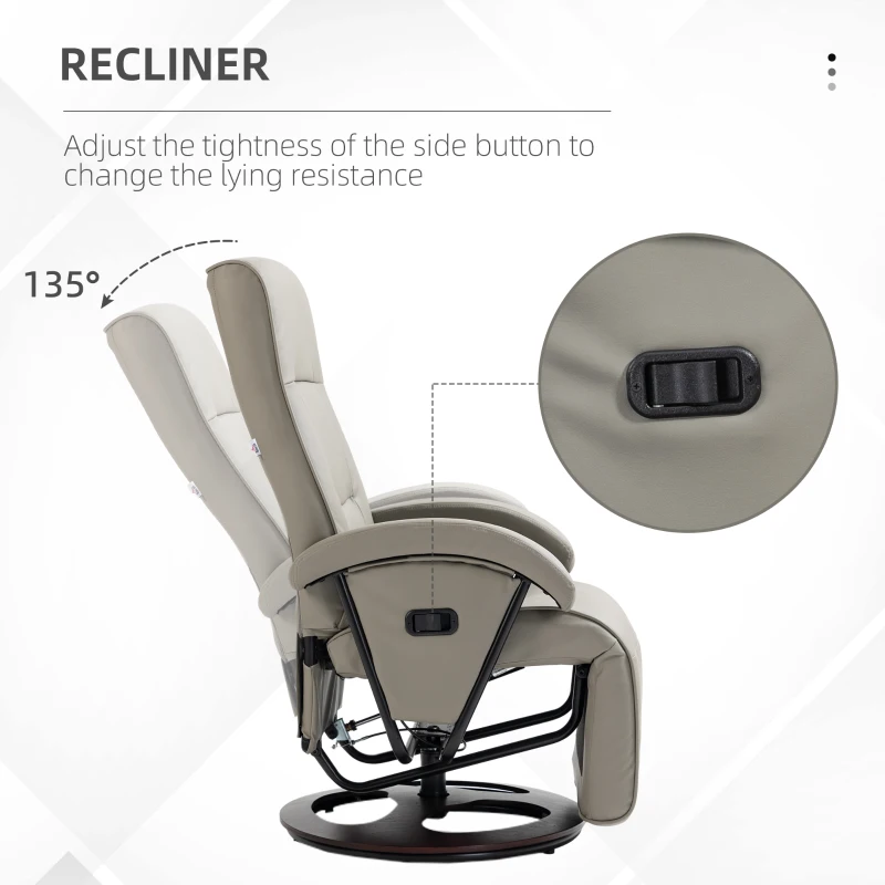 HOMCOM PU Recliner with Footrest, Lounge Chair with 135° Adjustable Backrest, Swivel Wood Base, Padded Seat & Armrests for Living Room, Gray