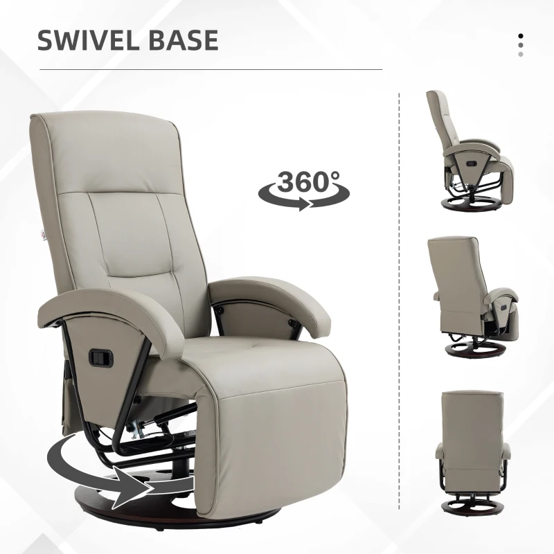 HOMCOM PU Recliner with Footrest, Lounge Chair with 135° Adjustable Backrest, Swivel Wood Base, Padded Seat & Armrests for Living Room, Gray