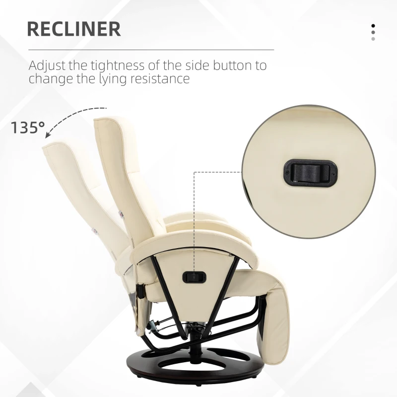 HOMCOM PU Recliner with Footrest, Lounge Chair with 135° Adjustable Backrest, Swivel Wood Base, Padded Seat & Armrests for Living Room, Bige
